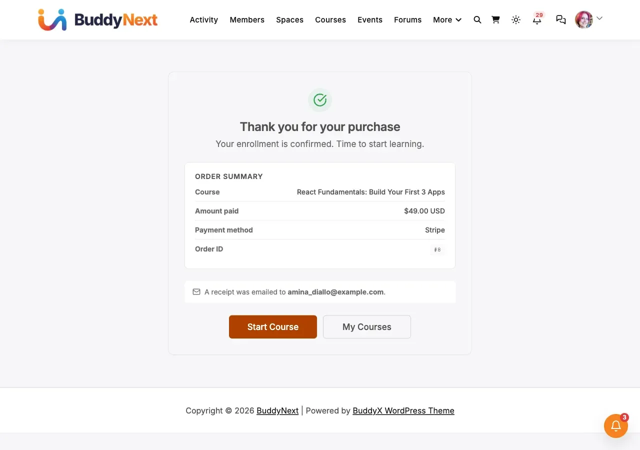 Thank-you page after a paid order, with the course, amount paid, payment method and order ID
