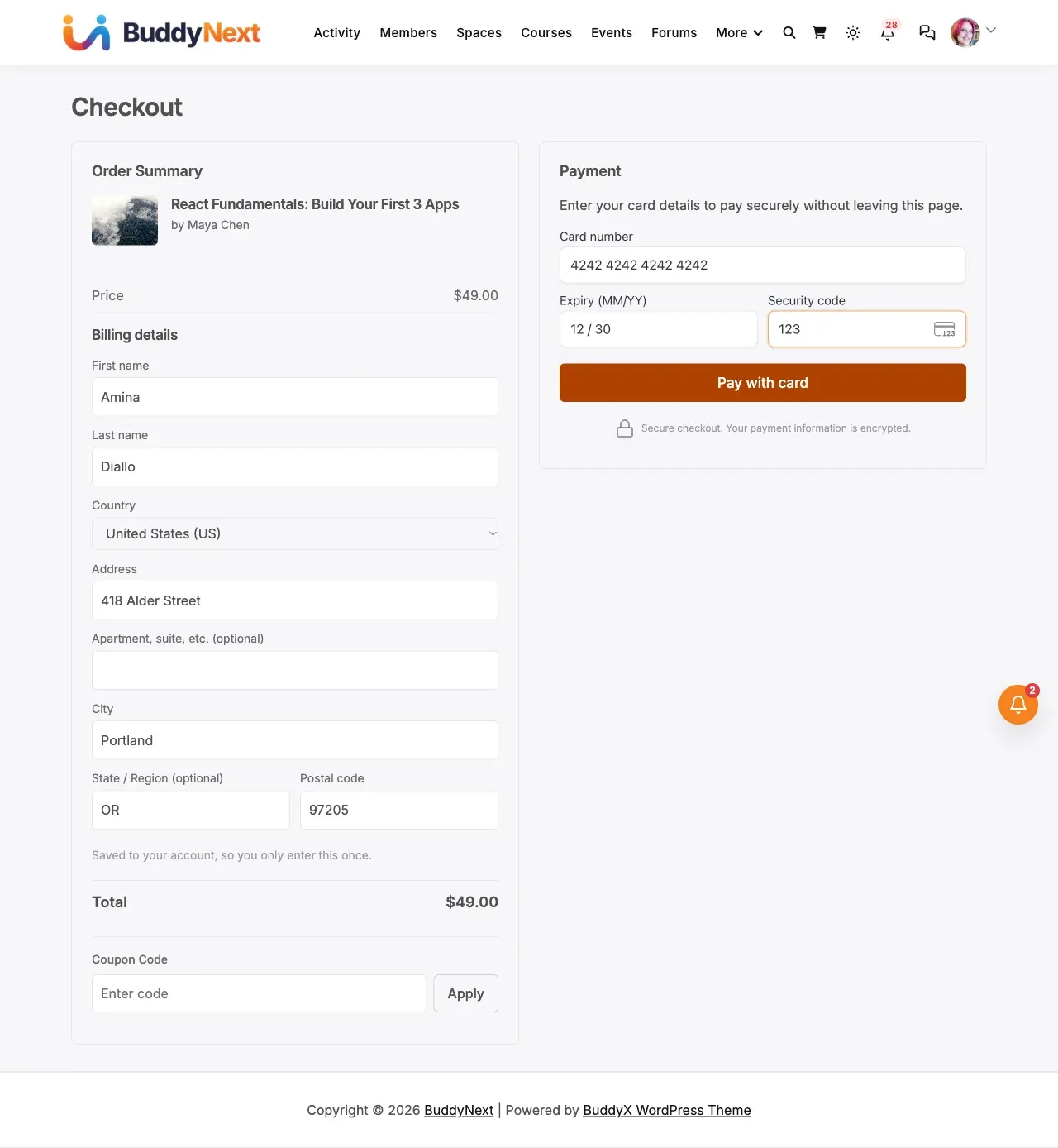 Checkout with the order summary, billing details and the card form