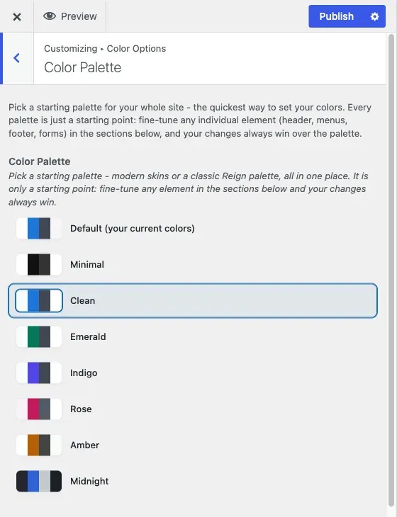 The Color Palette section, with the eight starting palettes