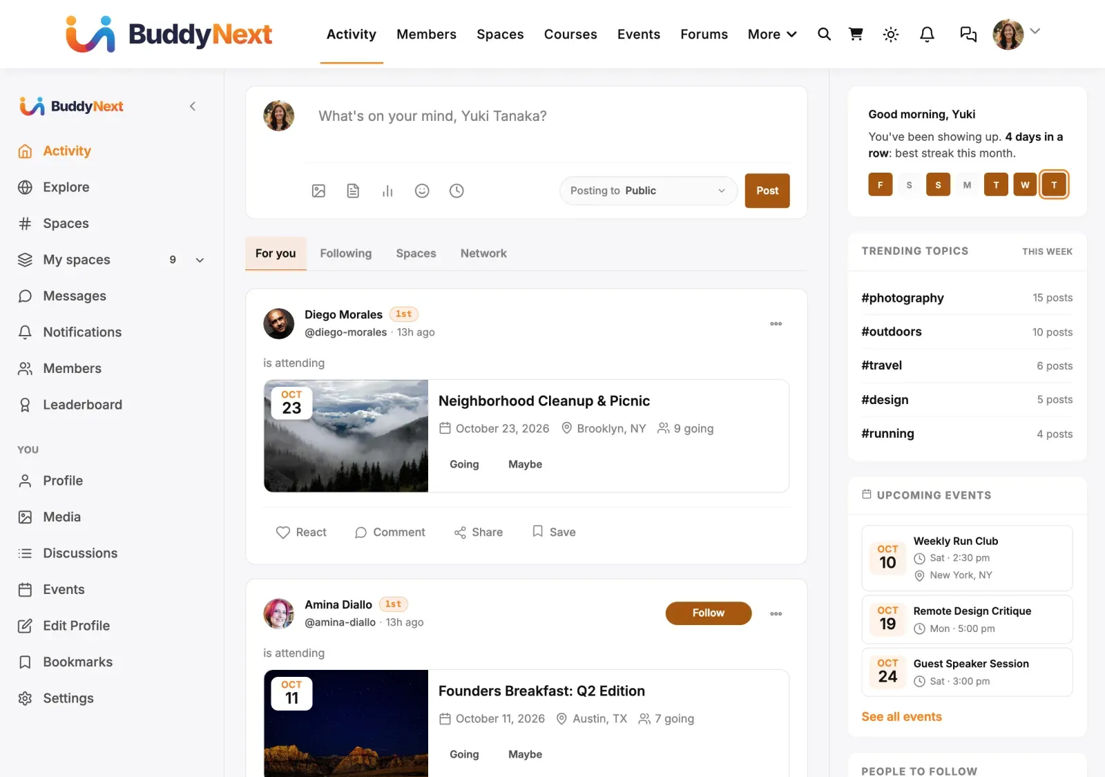 The BuddyNext post composer at the top of the home activity feed, ready for a member to write and share a post
