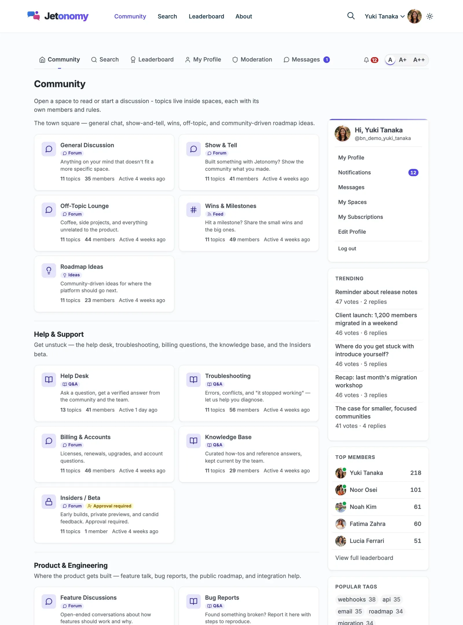 Community home page showing spaces organized by category