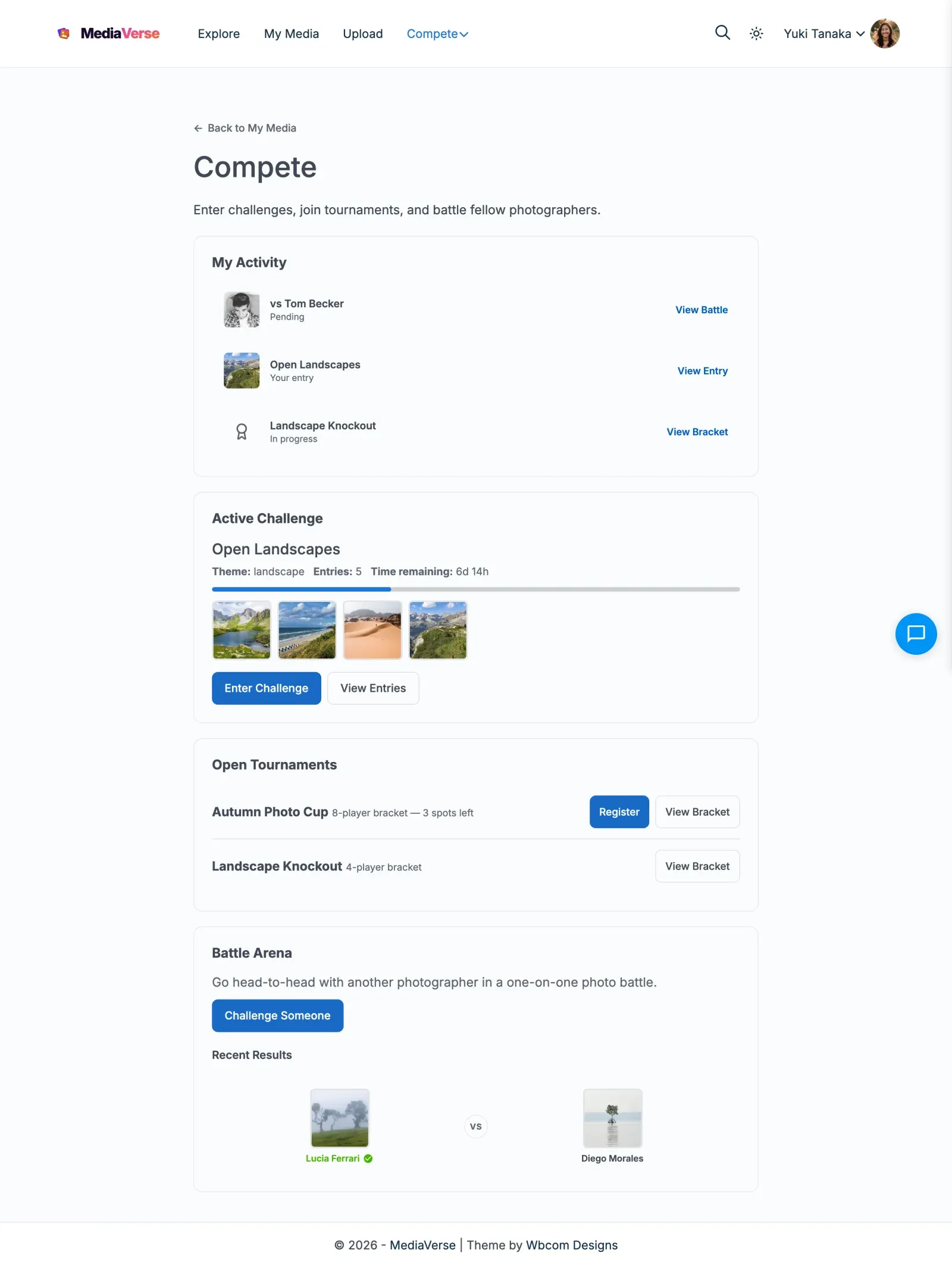 Compete page with your activity, the active challenge, open tournaments and the Battle Arena