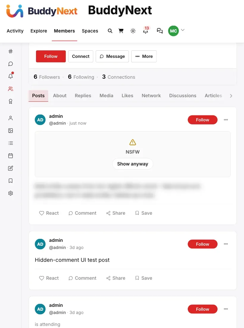 A feed post hidden behind a content-warning overlay: a warning icon, the NSFW label, and a Show anyway button, with the post body blurred underneath