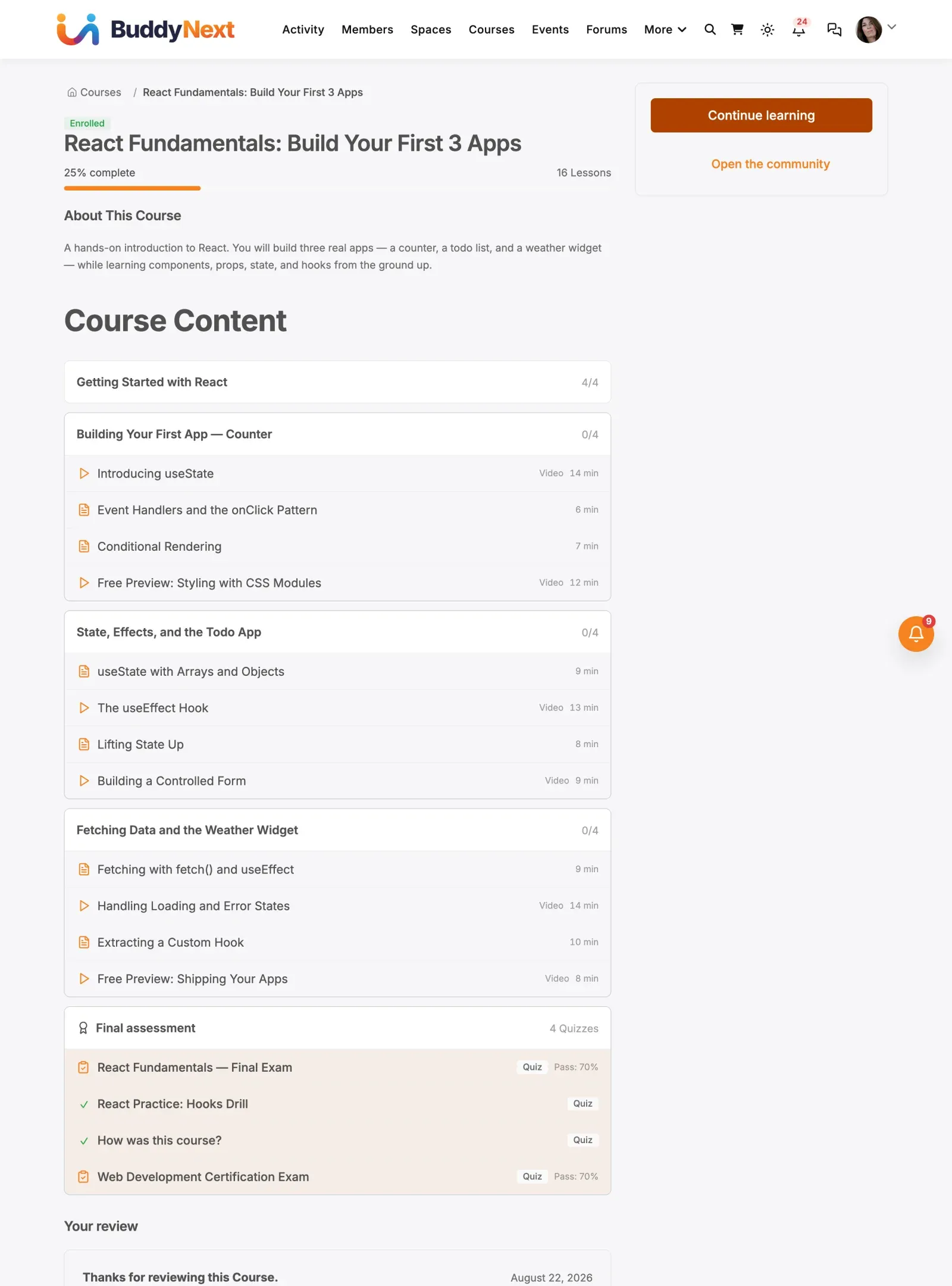Enrolled course view