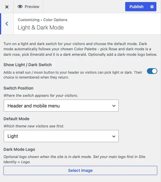 The Light and Dark Mode section, with the visitor switch, position and default mode