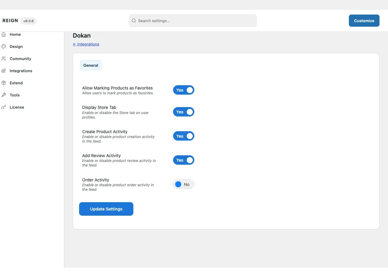 The Dokan tab in Reign Settings