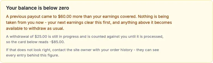 The Earnings page notice explaining a balance below zero