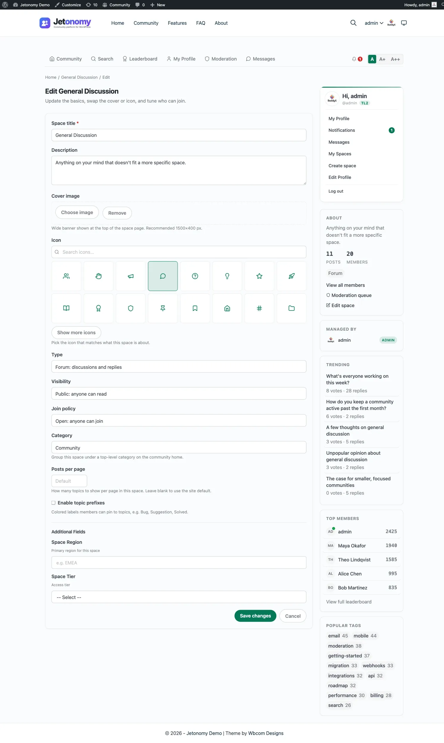 Front-end Edit Space page at /community/s/<slug>/edit/ with the Edit space button visible in the space header and the editable fields below