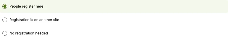 The Registration section of the event editor showing the three modes: People register here, Registration is on another site, No registration needed