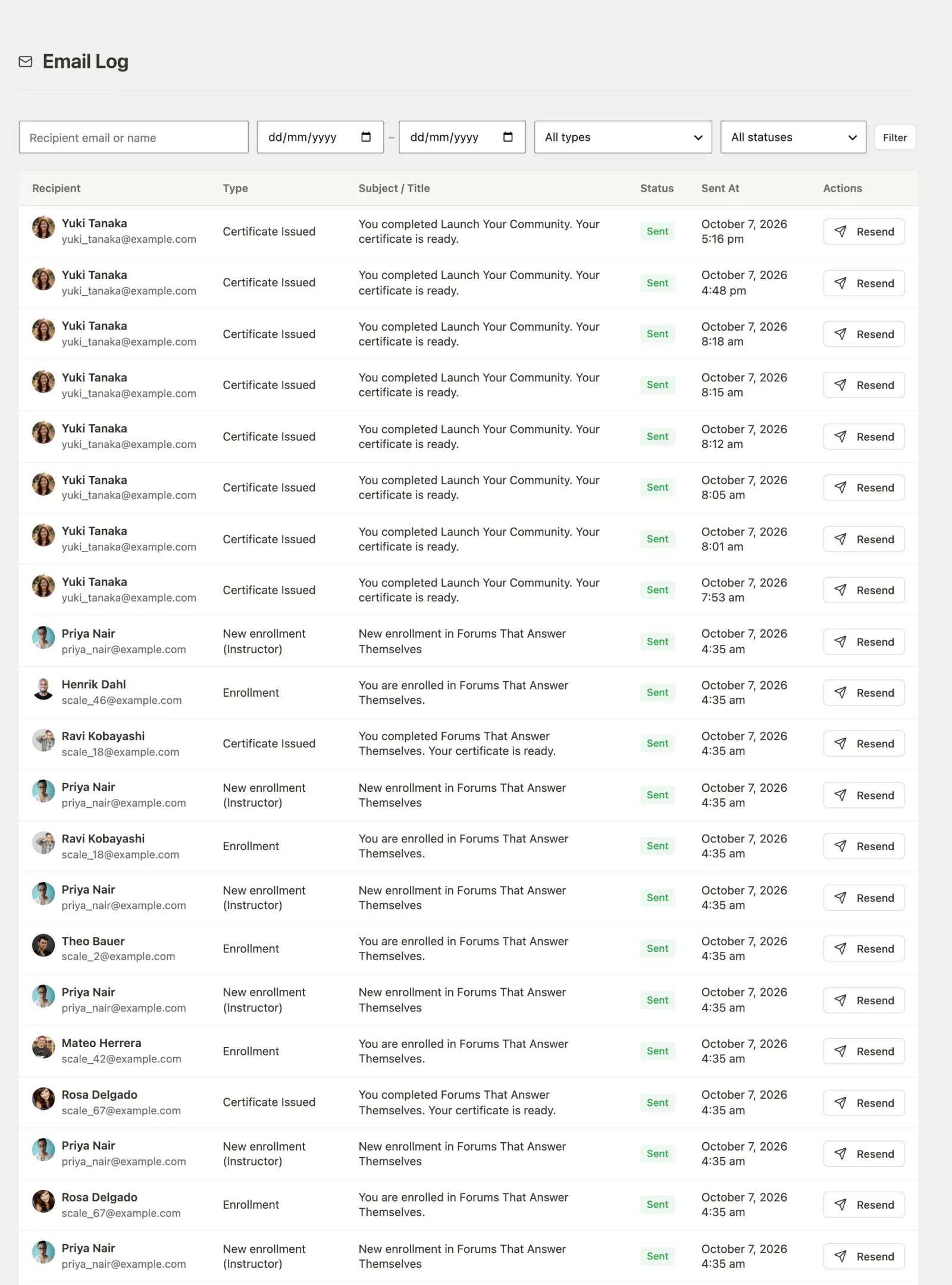 Email Log overview