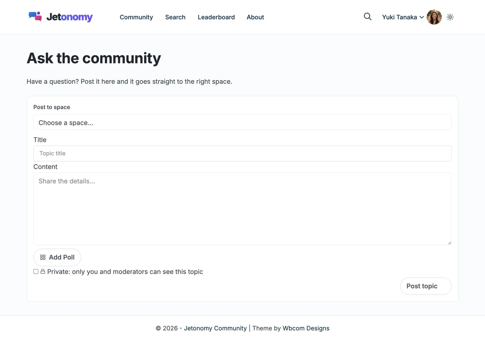 The compose box on a regular WordPress page, with a space picker, title, content, Add Poll and the private option