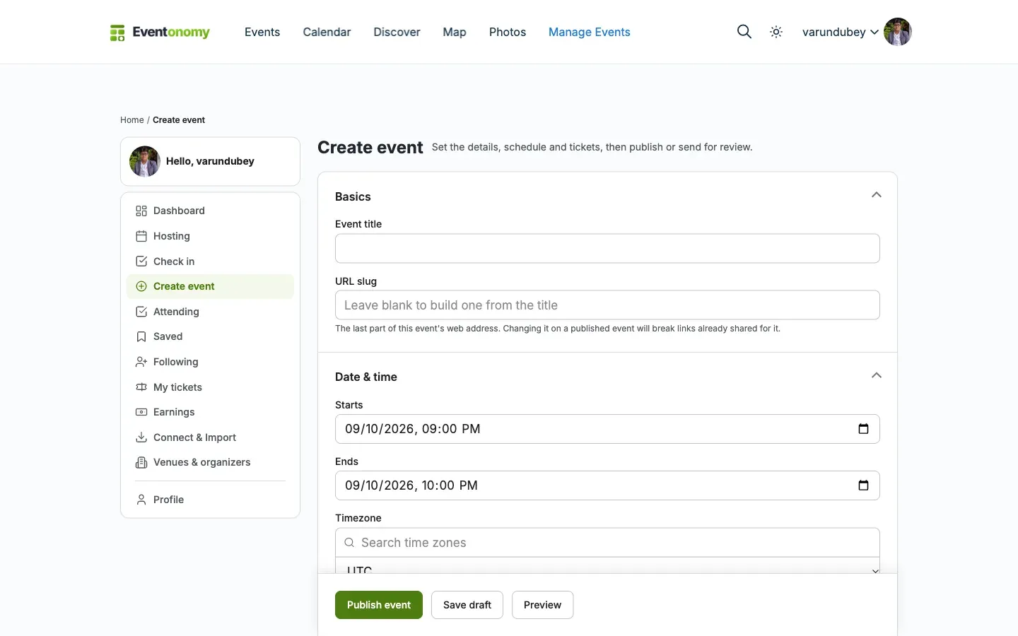 Eventonomy event editor showing a new event being created