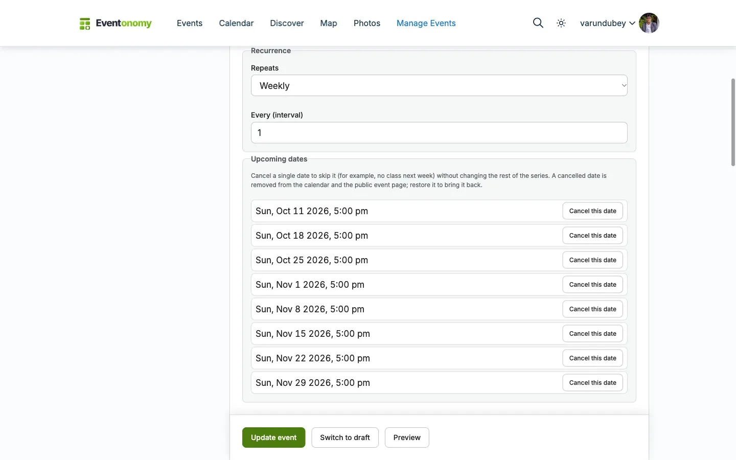 Event editor with the recurrence panel open showing a weekly repeat rule