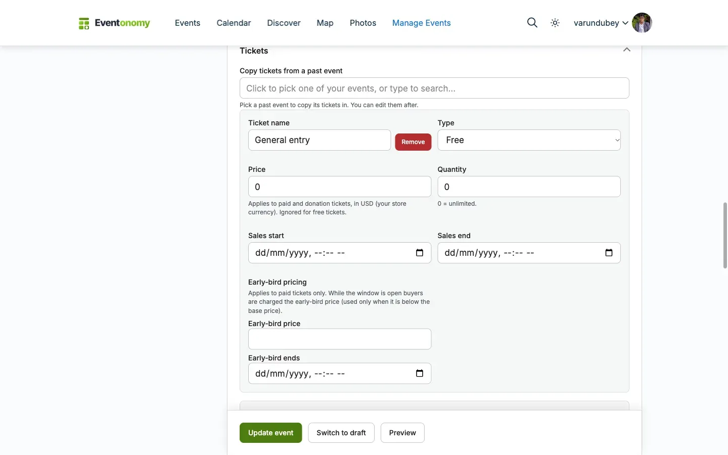 Event editor ticket panel showing a free and a paid ticket type
