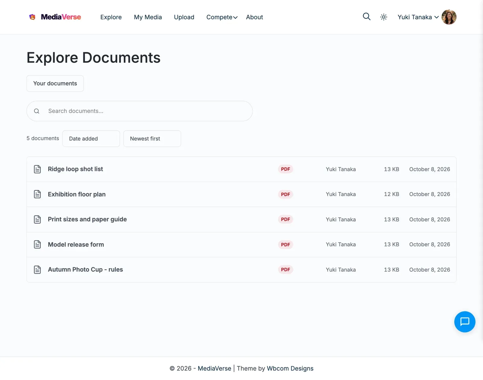 The Explore Documents page listing public documents with search and sort