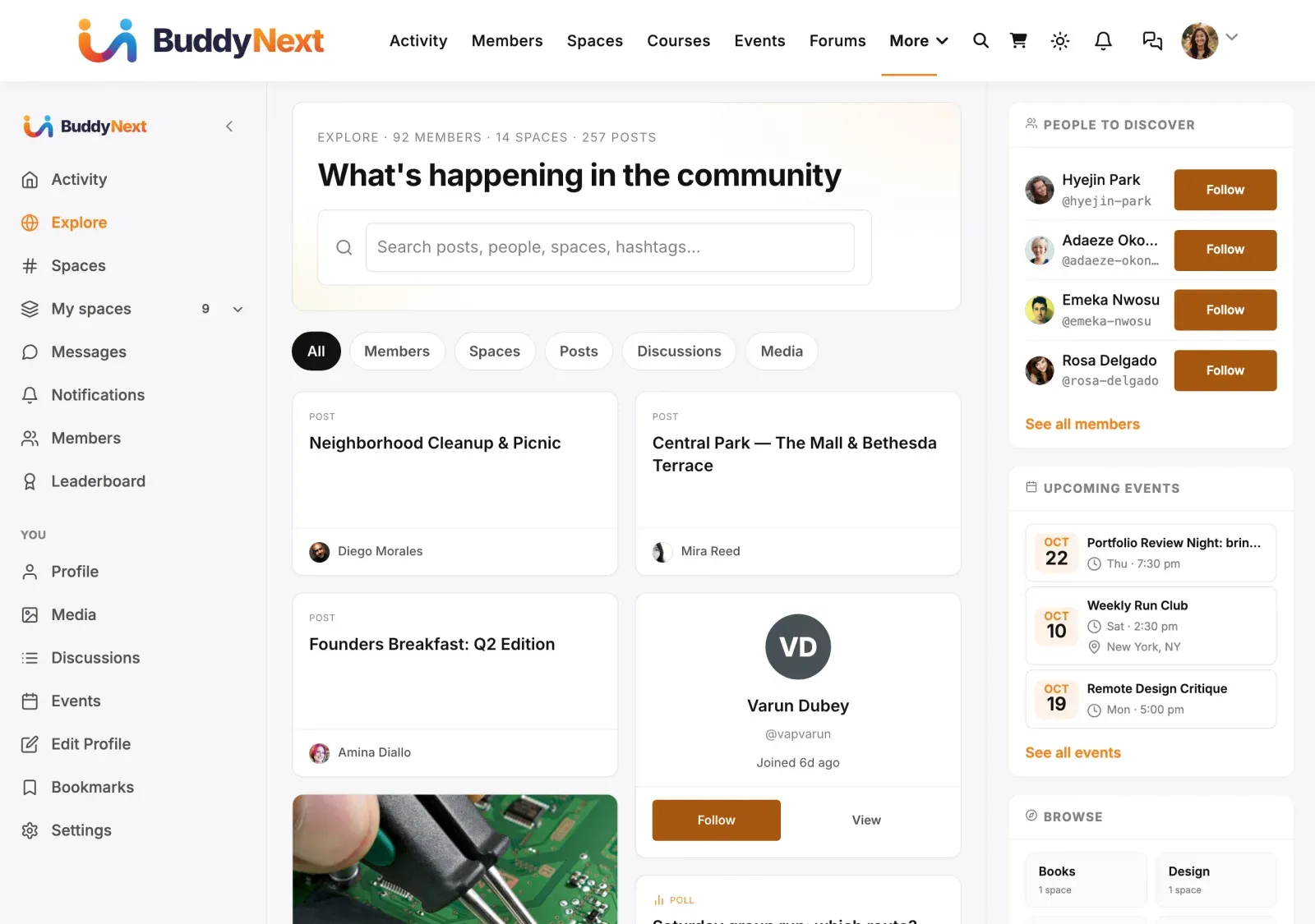 The BuddyNext Explore feed showing public activity from across the whole community