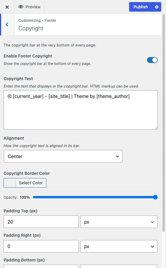 The Copyright section of the Footer panel