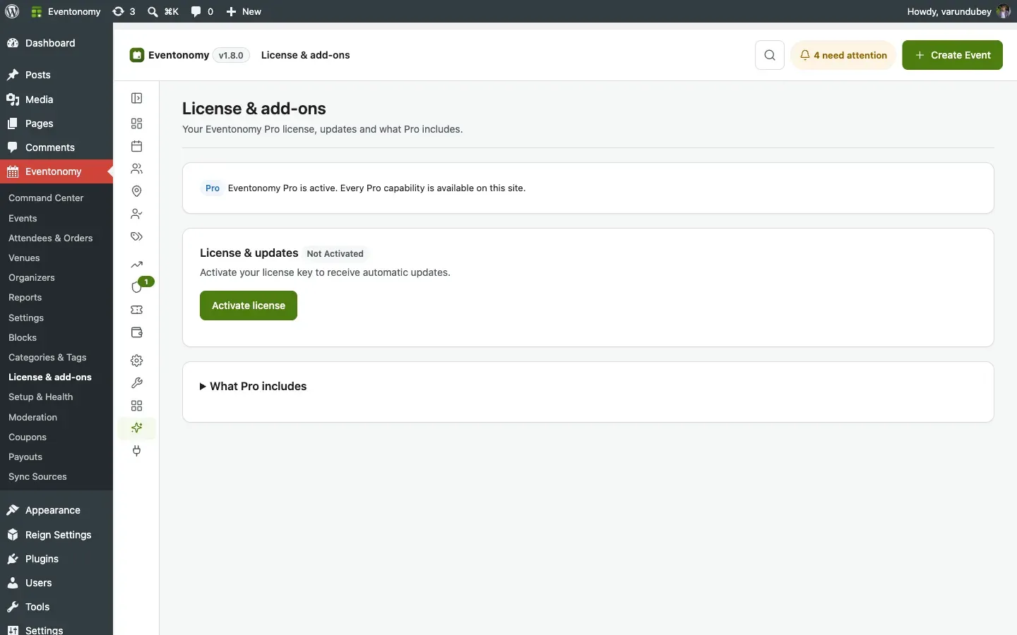 Eventonomy Free vs Pro comparison table showing feature availability