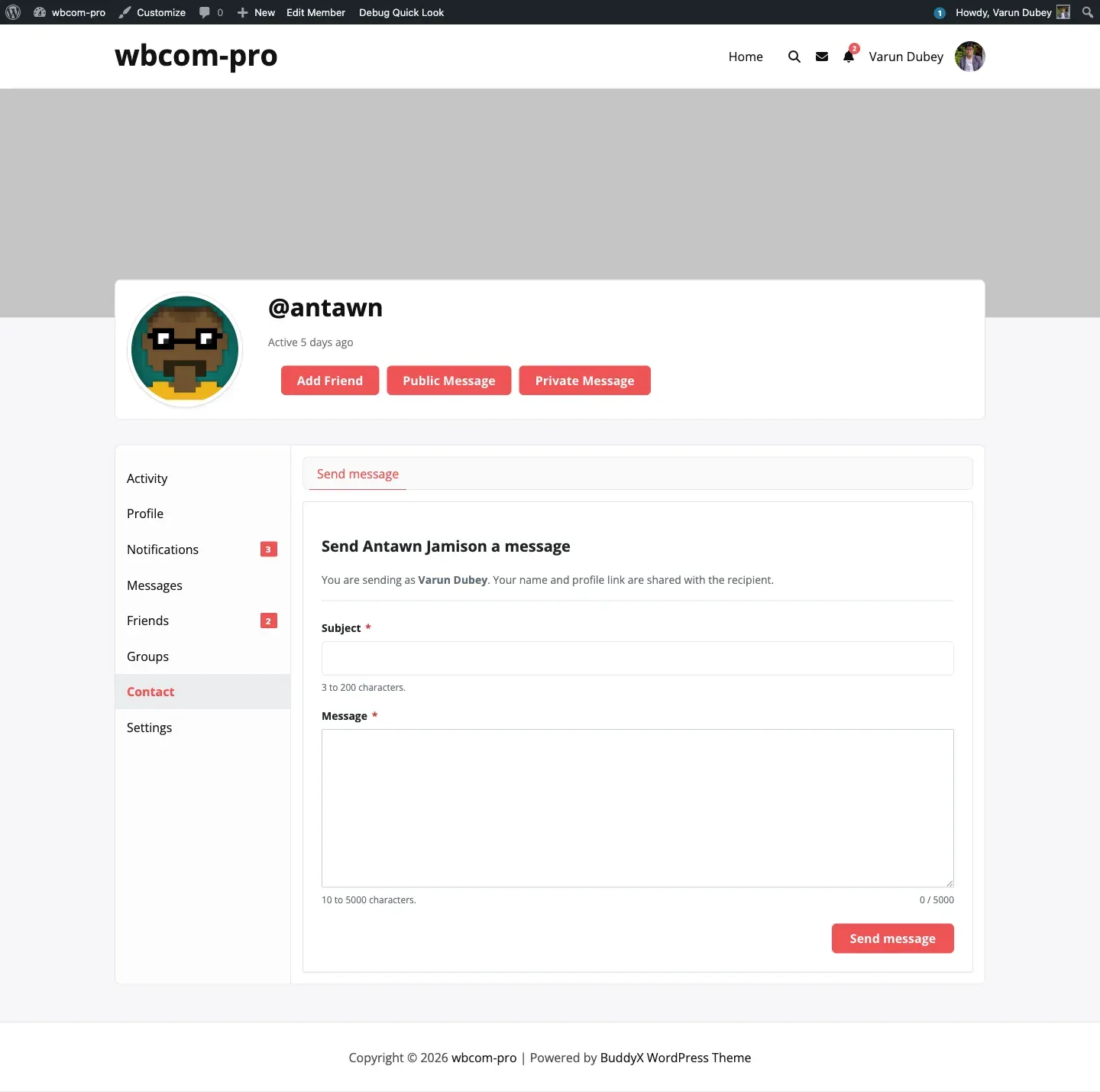 Contact tab on a member profile