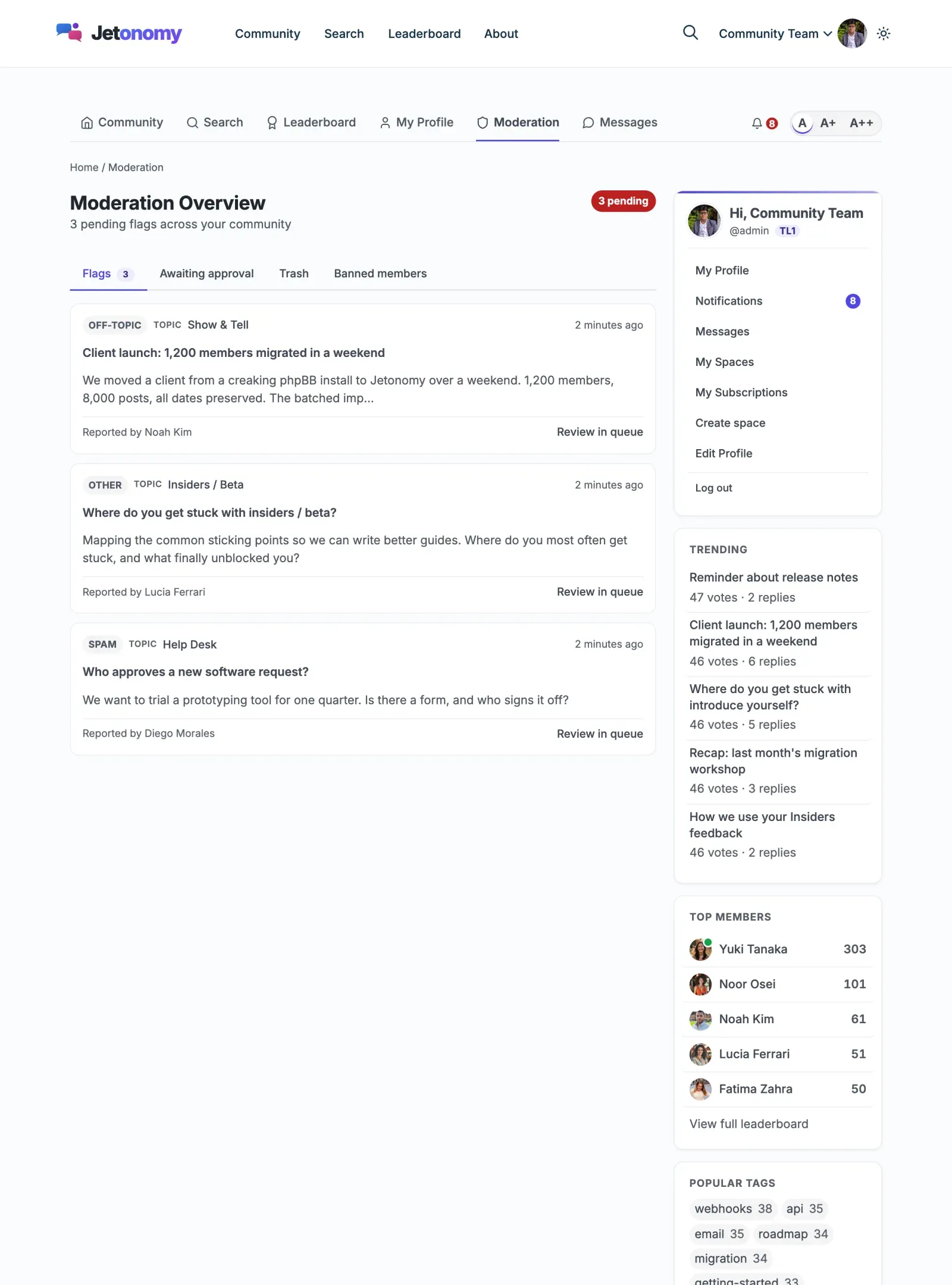 Frontend moderation dashboard at /community/mod/ as a space moderator sees it, scoped to their own spaces