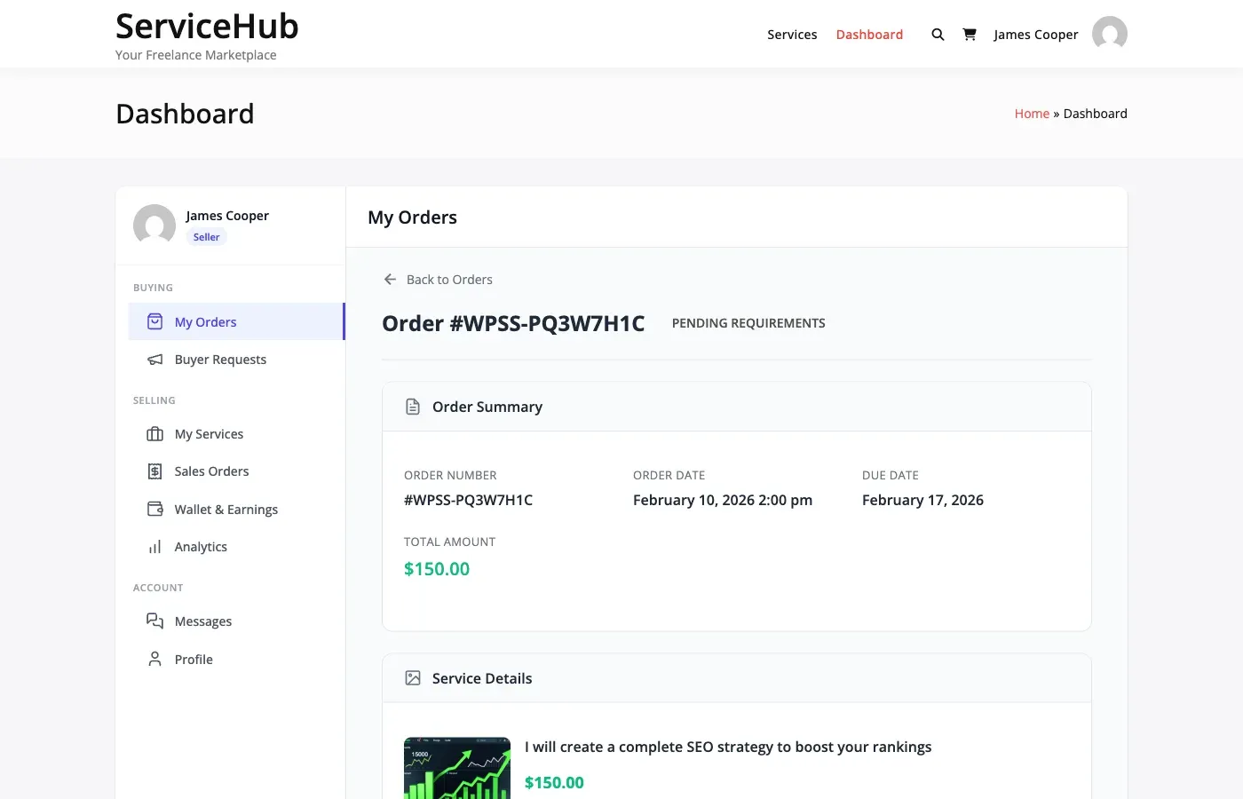 Requirements section on the order page