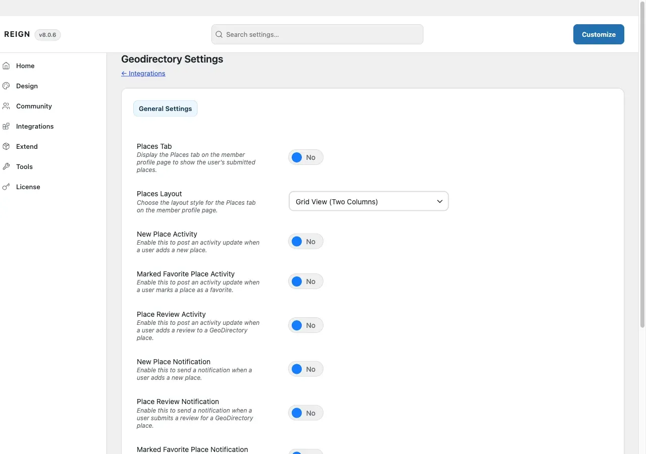 The Geodirectory Settings tab in Reign Settings