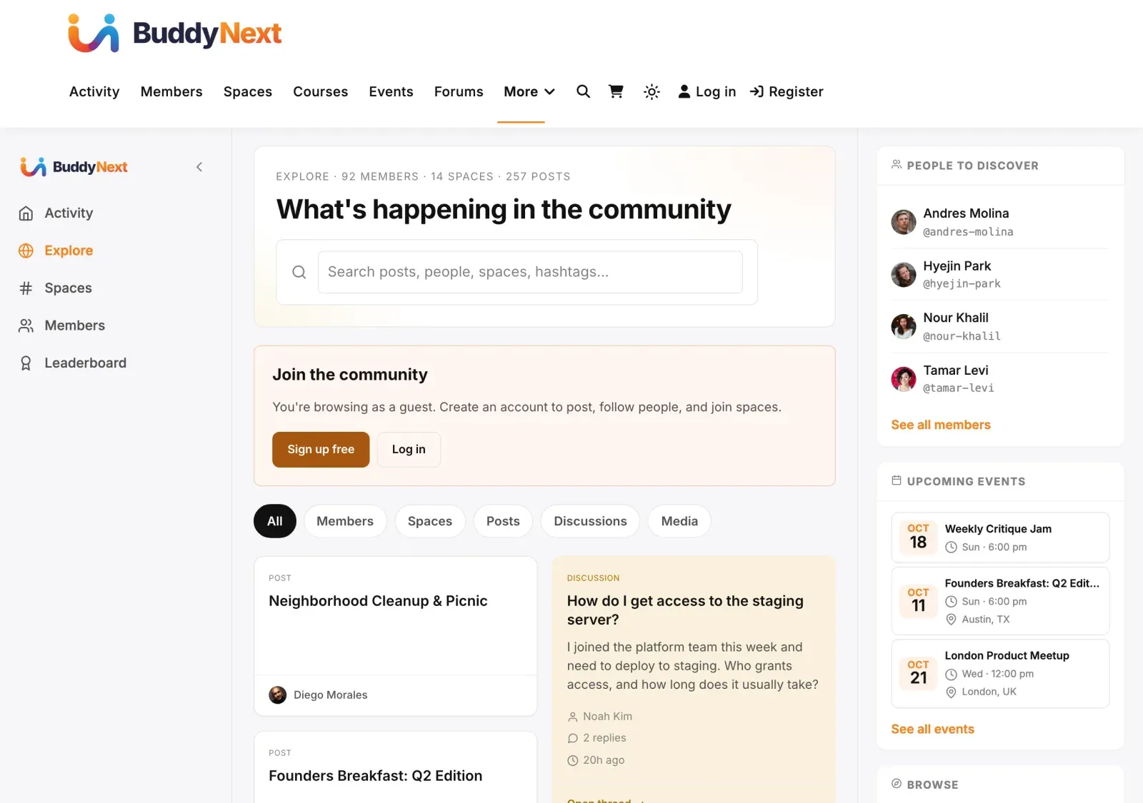 A logged-out guest browsing the Explore page, with a “Join the community” prompt and Sign up / Log in buttons