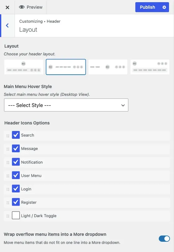The Header Layout section, with the four header styles and the drag-to-reorder icon list