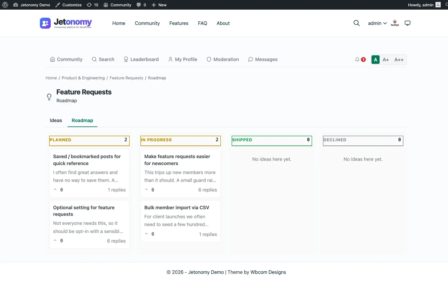 Ideas roadmap view with four status lanes - Planned, In Progress, Shipped, and Declined - each holding idea cards sorted by vote score