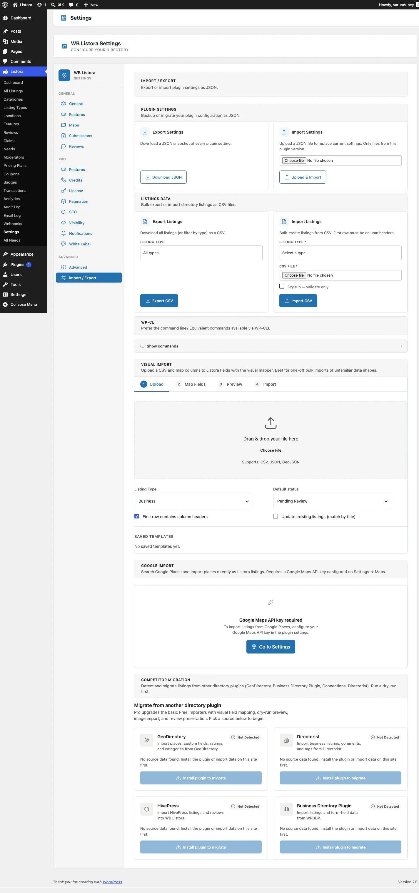 Import / Export Settings - Plugin Settings JSON cards + Listings Data CSV cards