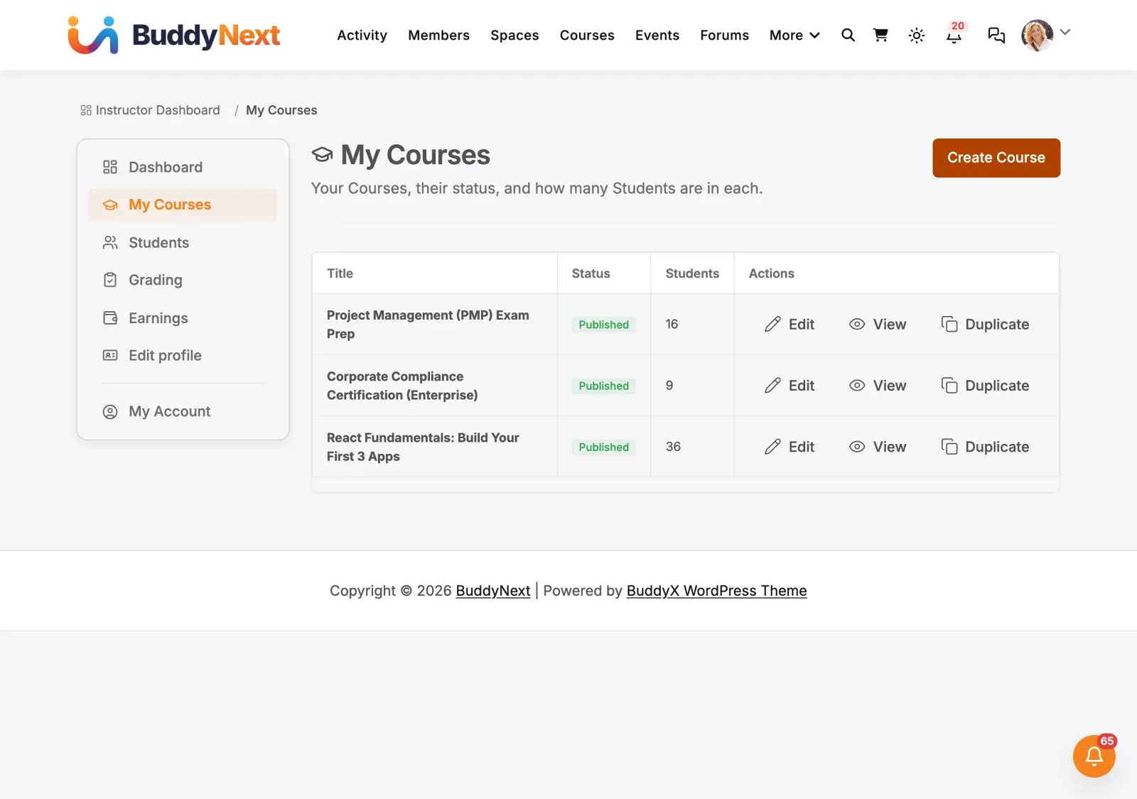 My courses full view