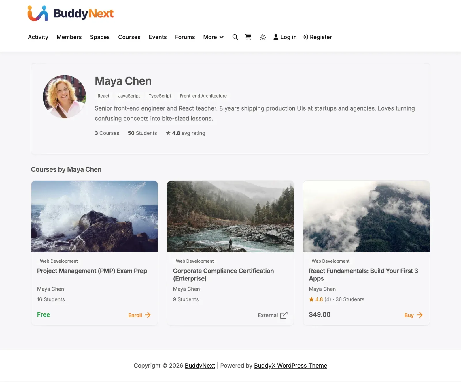 Instructor public profile with bio, expertise tags, course and student counts, rating and the instructor’s courses