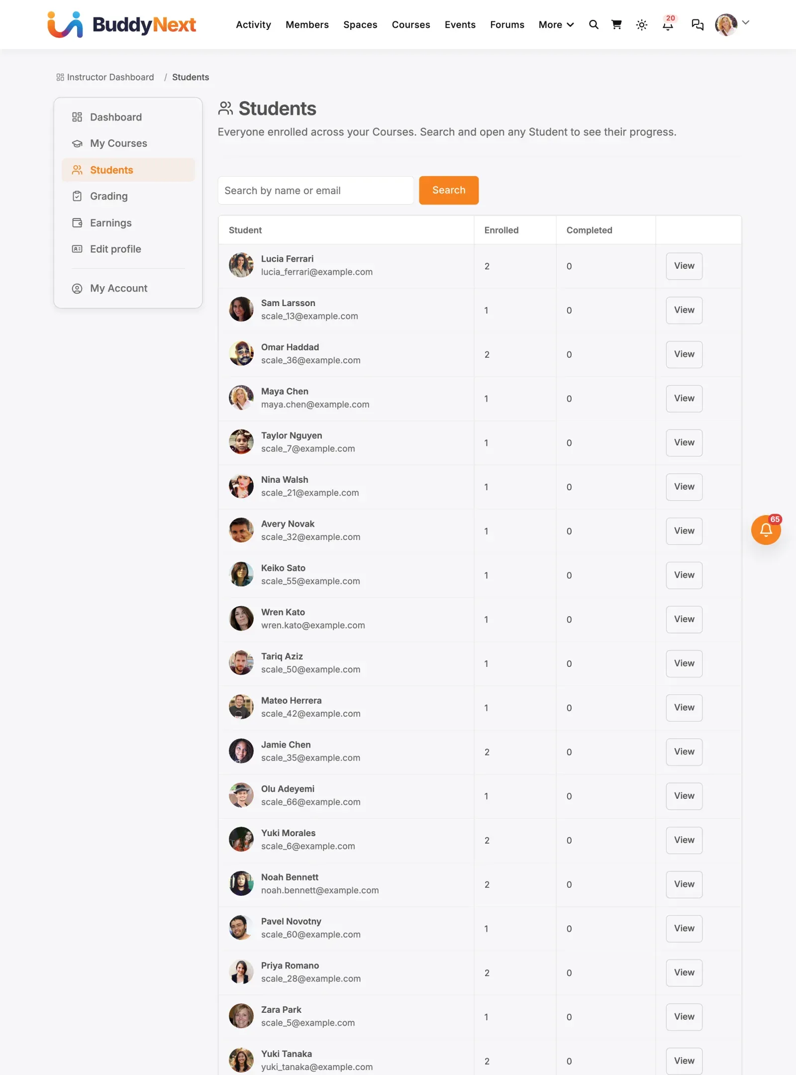 Students roster in the instructor dashboard with enrolled and completed course counts