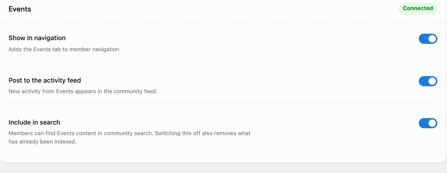 Eventonomy’s surfacing controls under BuddyNext > Integration Settings - navigation, activity feed, and community search switches
