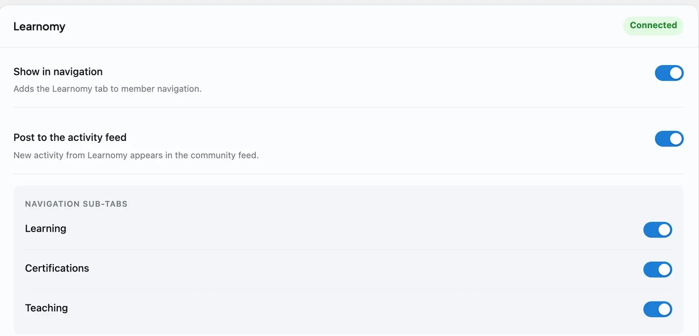 Learnomy’s surfacing controls under BuddyNext > Integration Settings - navigation, feed activity, and the Learning, Certifications and Teaching profile sub-tabs