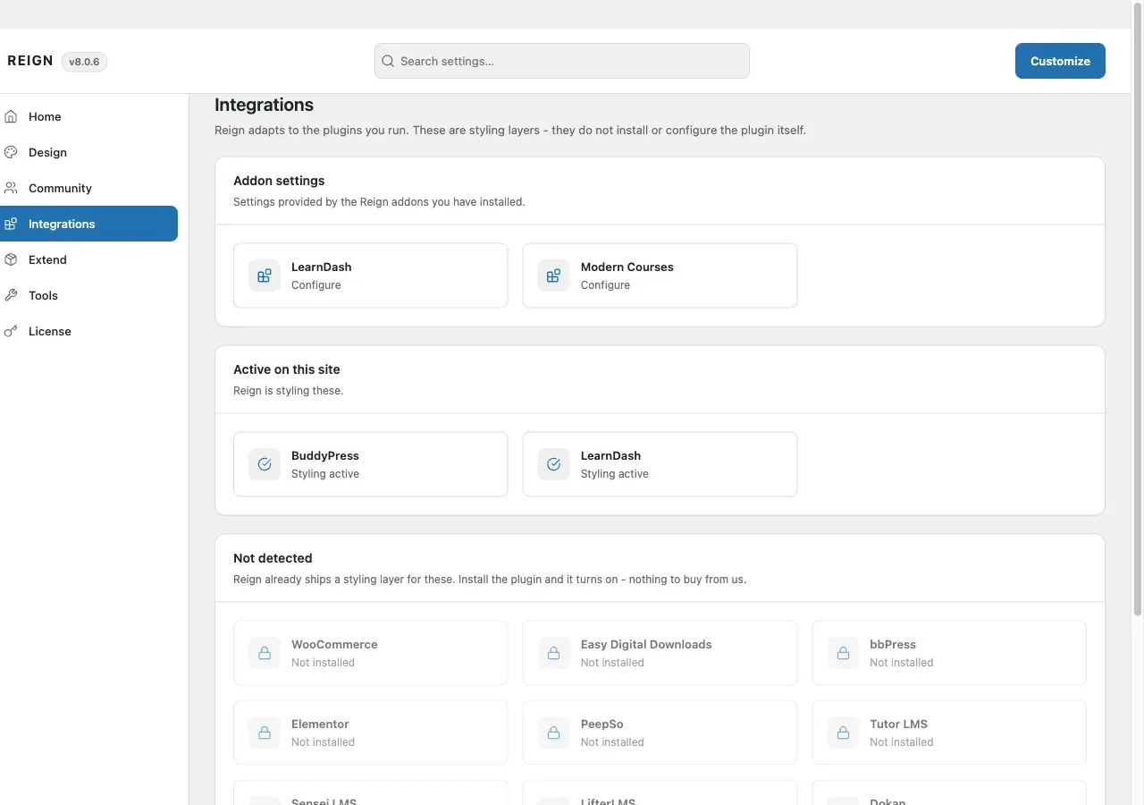 The Integrations screen in Reign Settings, showing a detected plugin