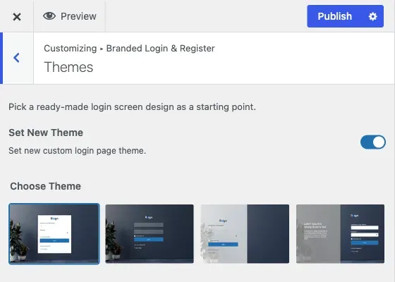The Themes section of the Branded Login and Register panel