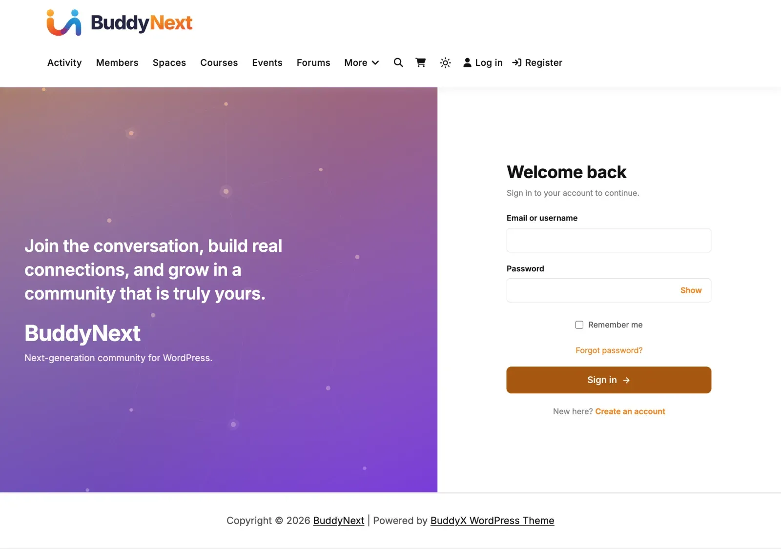 BuddyNext branded member login form with Remember me and Forgot password