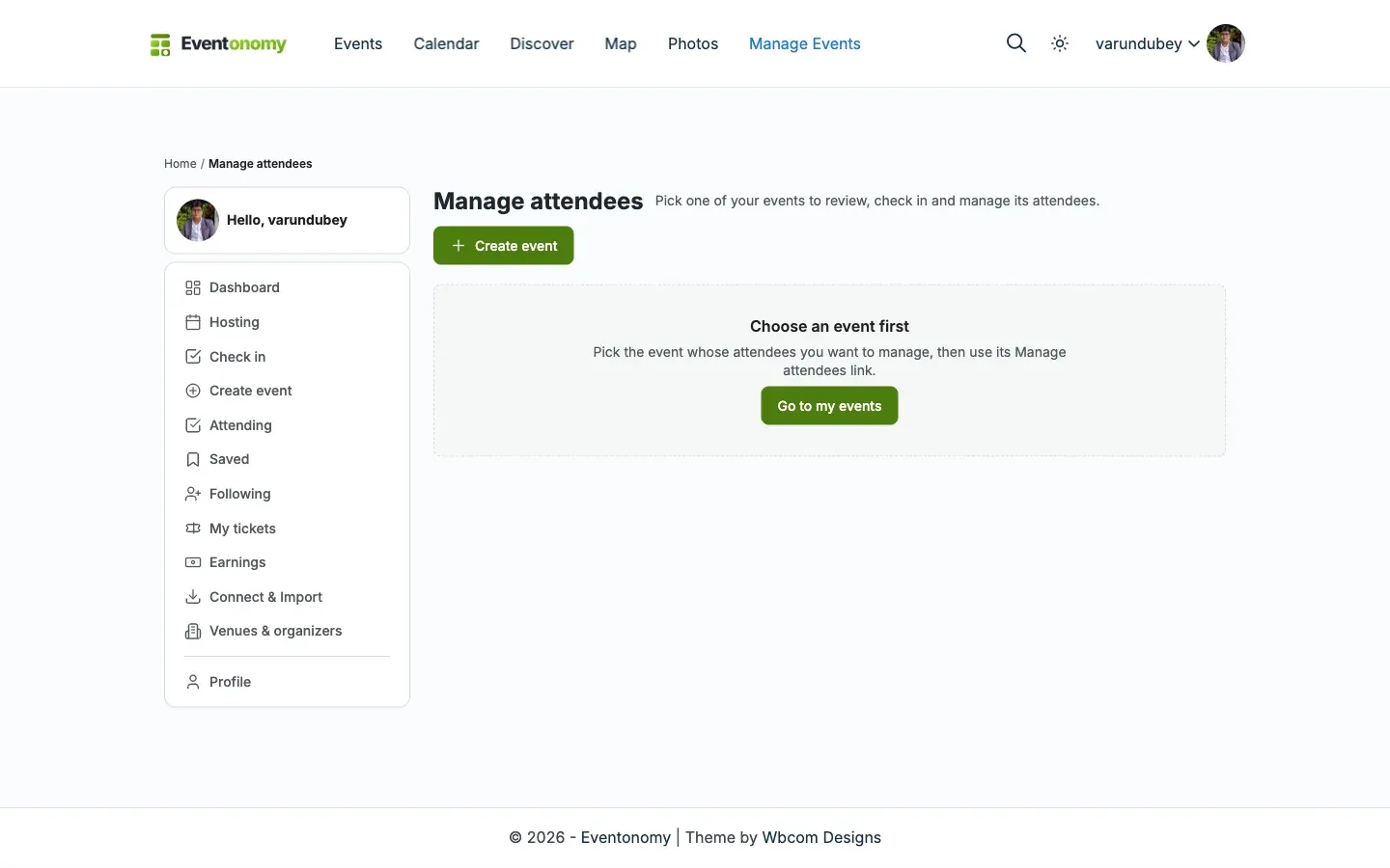 The manage-attendees block with no event selected, showing “Choose an event first” and a Go to my events button inside the member dashboard
