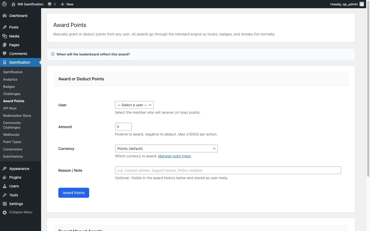 The Award Points admin screen