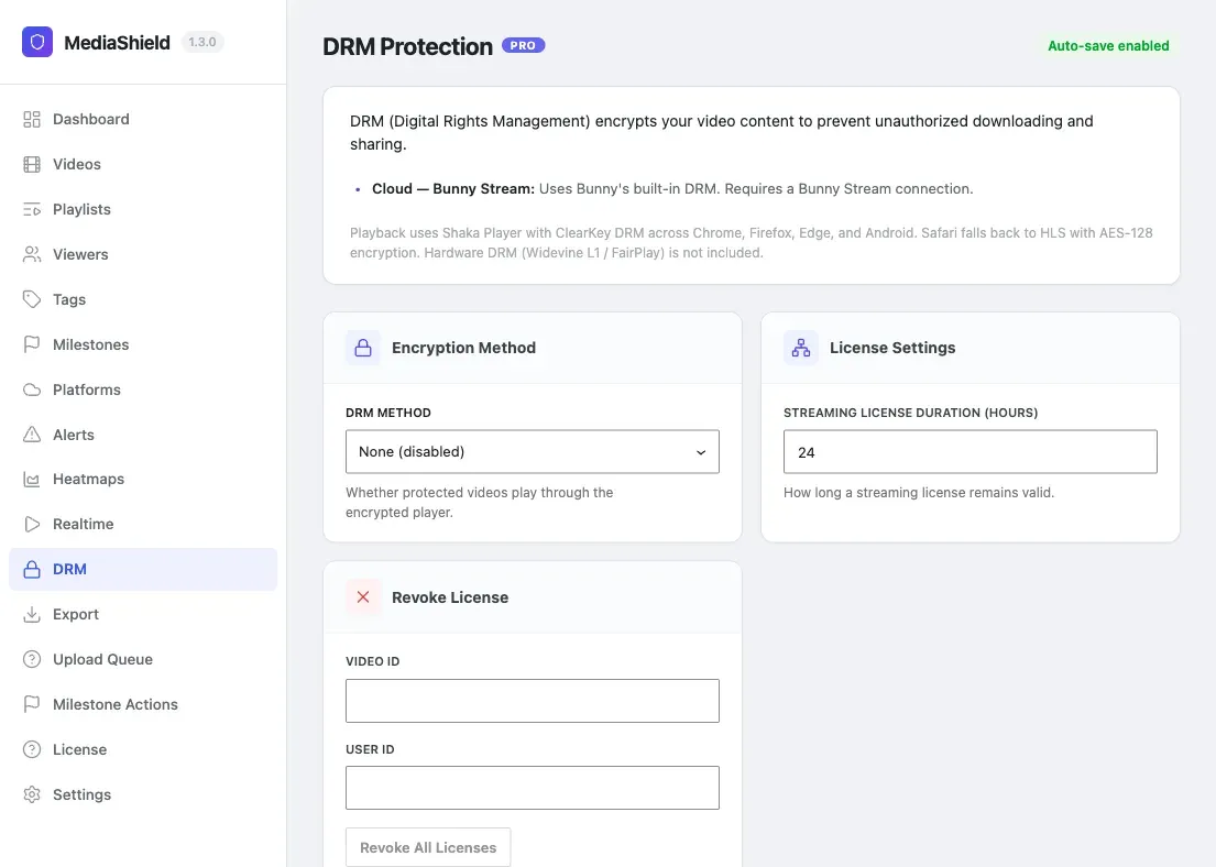 MediaShield Pro DRM settings page showing DRM method selection and license duration options