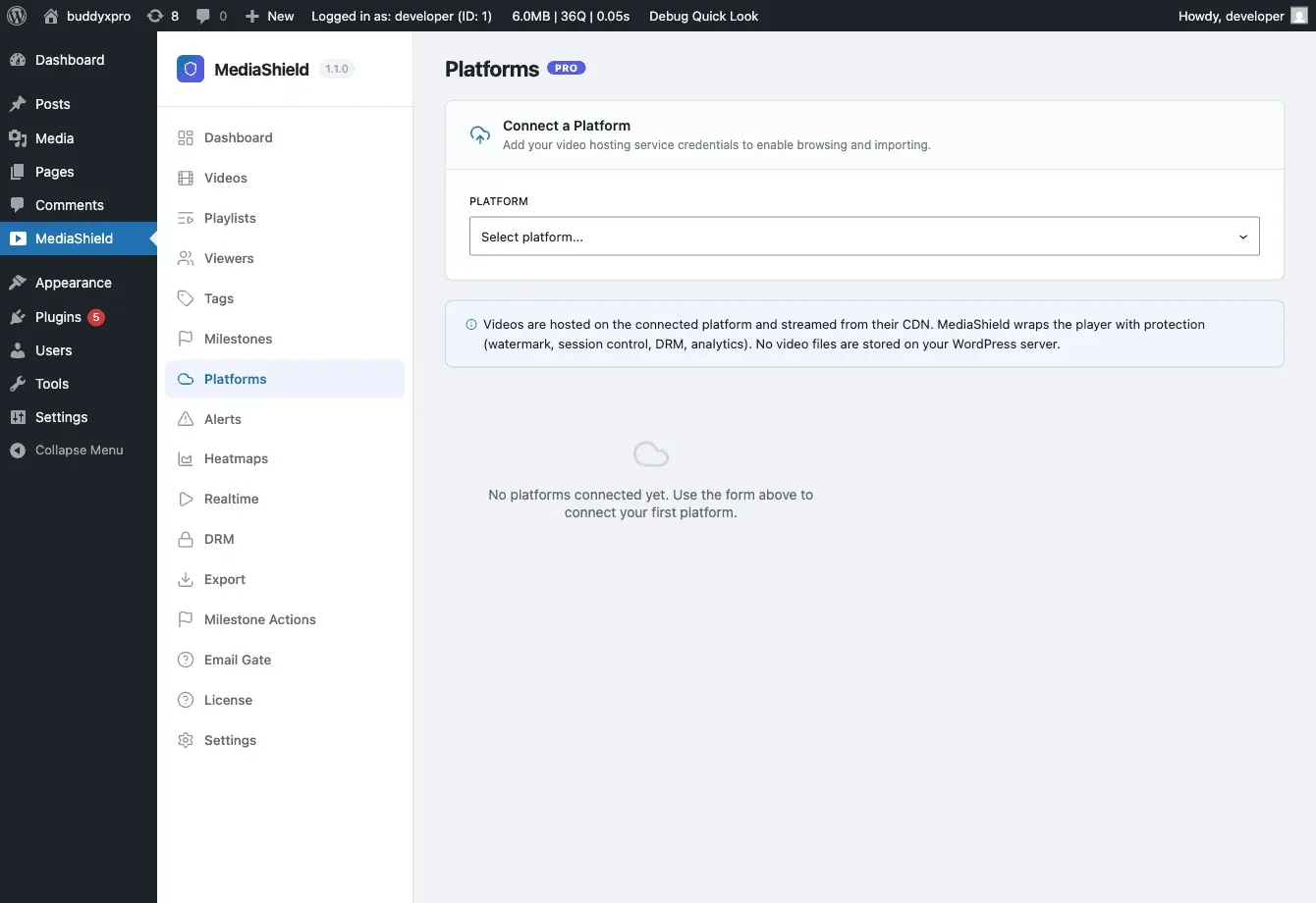MediaShield Pro Platforms page with a “Connect a Platform” dialog showing available platform options