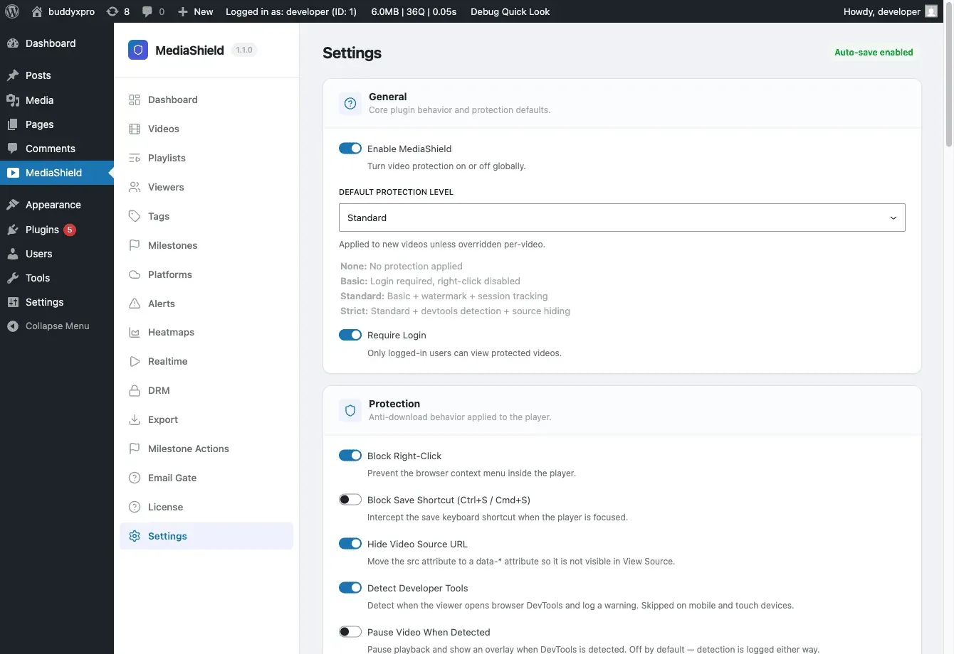 The MediaShield plugin Settings page showing General, Protection, Watermark, and Player Controls sections
