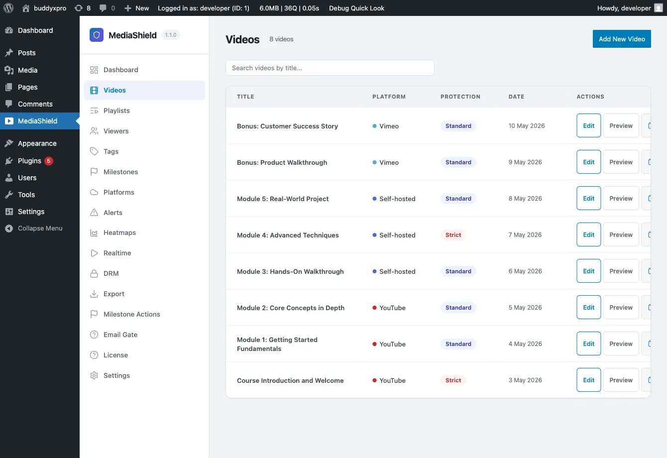 MediaShield Videos admin list showing videos across YouTube, Vimeo, and self-hosted with Standard and Strict protection badges