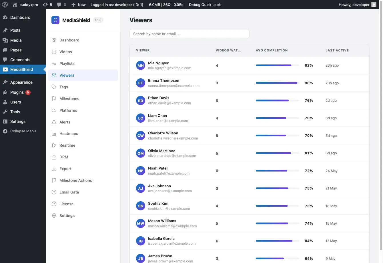 MediaShield Viewers page listing students with completion progress bars and last-active timestamps