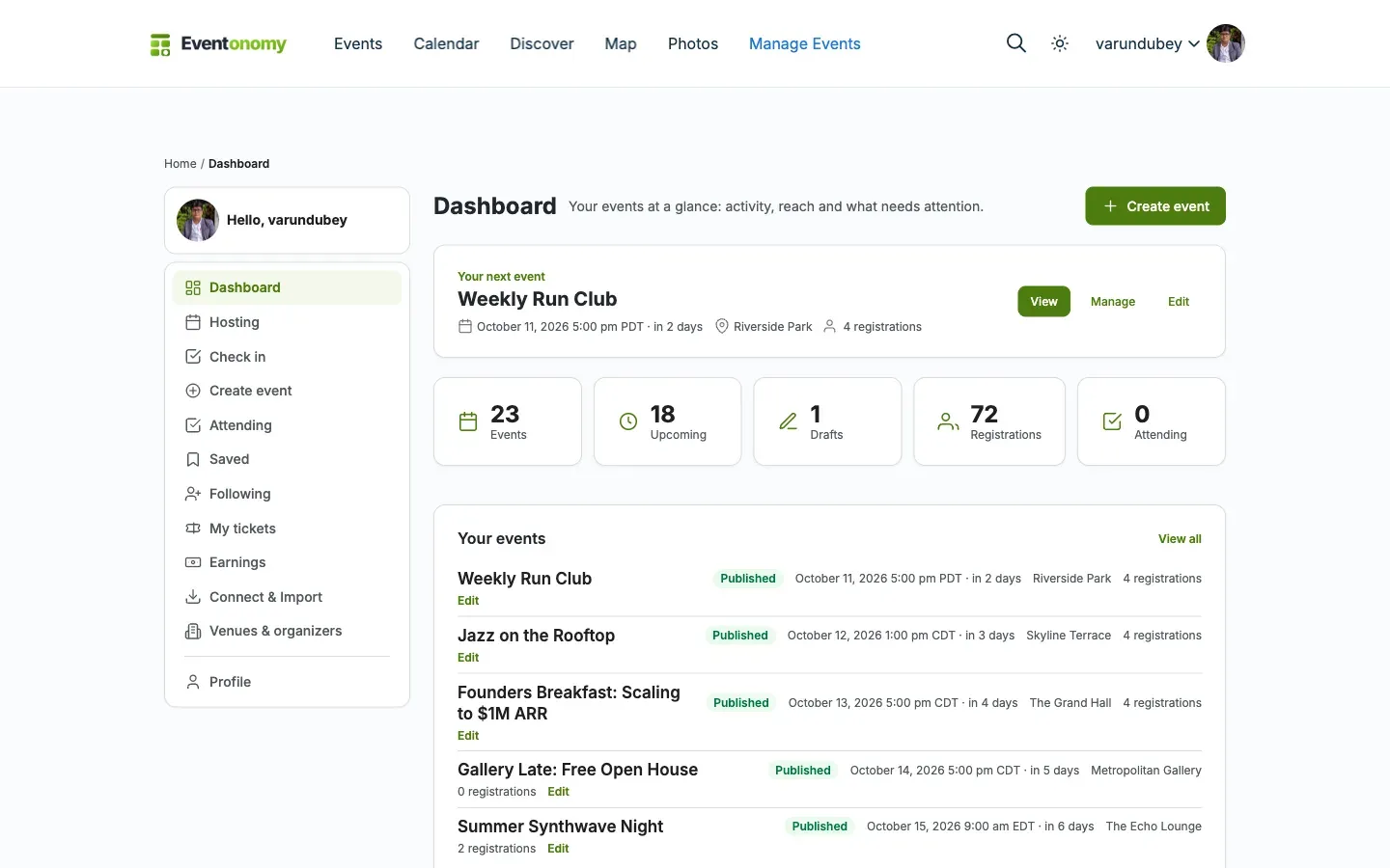 My Events dashboard showing the left navigation and the Overview section with stat cards