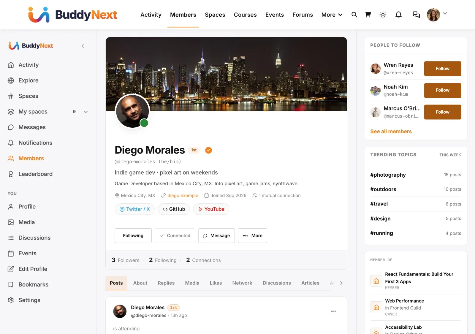 A member profile whose primary tabs are resolved through the Nav registry documented here