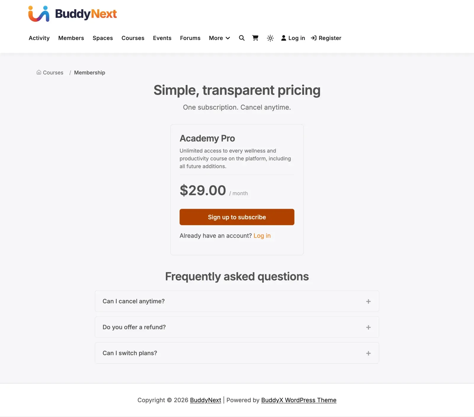 Membership pricing page