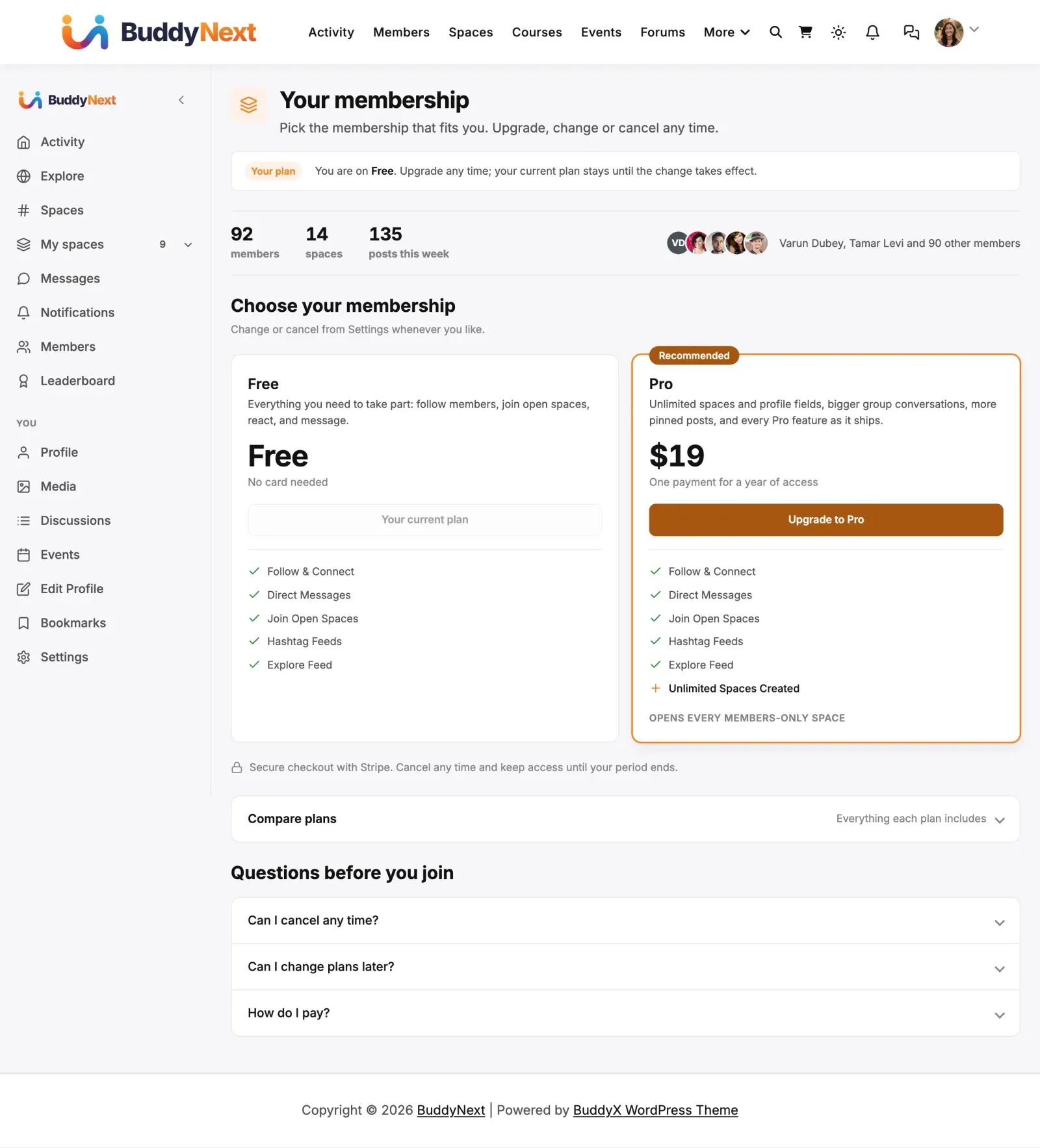 What members see - the pricing page where they pick a plan and check out through the gateway you offer