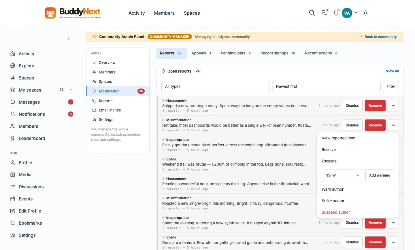 The BuddyNext admin moderation queue receiving reported content